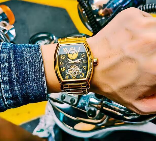 Mechanical Men's Watch Aokulasic Retro Casual Tonneau Shape Waterproof Clock for Business Meeting Fashion Luxury Watch