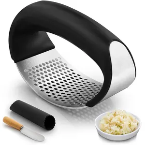 Garlic Press Rocker Set Stainless Steel Garlic Mincer With Silicone Peeler & Scraper - Comfortable Grip Garlic Crusher