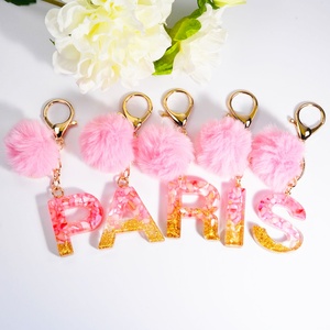 New Style Wholesale Cute Metal Plush Key Chain Custom <b>Letter</b> Initial pink Pompoms A-Z Acrylic <b>Plastic</b> Keychain Ms Pendant - Product Image 3