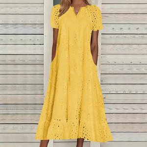 Vestido Largo de Verano para Mujer, Cuello en V, Manga Corta, Estampado Floral, Tejido de Poliéster Transpirable - Product Image 4