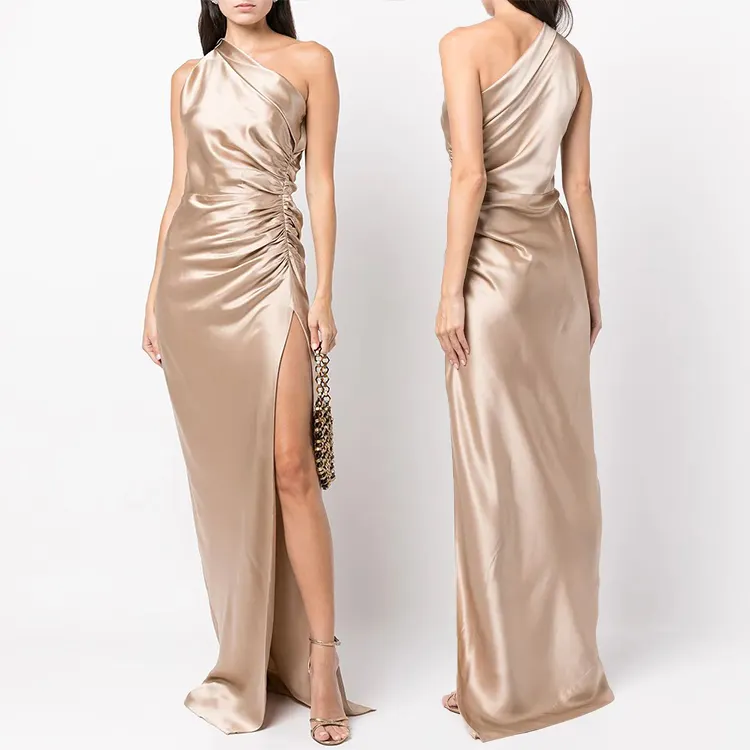 Gold pleated strapless Long slim dress elegance allure bridesmaids evening dress