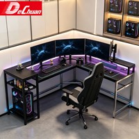 Bureau de jeu PC noir en gros avec étagère de rangement multi-niveaux et bande LED