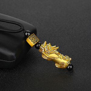 Kalung Feng Shui Cina berlapis emas 24K, rantai manik-manik batu Obsidian hitam, Kalung liontin Pixiu keberuntungan - Product Image 6
