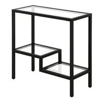 Table d'appoint moderne en verre avec étagère de rangement asymétrique, table d'appoint étroite à structure en métal noir pour canapé, salon, entrée, décoration