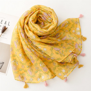 Produttore personalizzato <span class=keywords><strong>giallo</strong></span> brillante stampato Vintage grandi sciarpe Boho stampa floreale cotone Voile Hijabs sciarpa scialli donna - Product Image 4