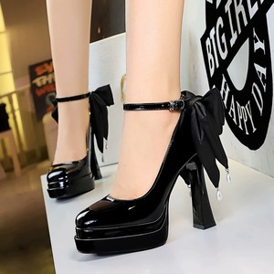 Women's High-Heel Platform <b>Pumps</b> with Double-Layer Waterproof Sole, Slip-On Buckle Strap and Large Back Bow - Product Image 6