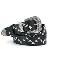 Femmes Dames Vintage YK2 Noir PU Cuir Boucle Métal Oeillets Étoiles Goujons Balles Ceinture Fille Punk Unisexe Boucle Jeans Ceinture