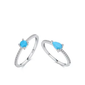 Wholesale 925 Sterling Silver Rings Green Turquoise Sweet And Lovely Water Drop Rings Female Jewelry