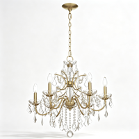 Lustre en cristal à 5 lumières, lampe suspendue en métal doré avec prismes en cristal transparent, luminaire suspendu classique pour salon