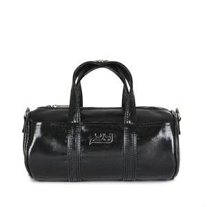 Bolso bandolera negro brillante de calidad coreana en estilo duffel redondo con correa de hombro desmontable y botones a presión. - Product Image 2