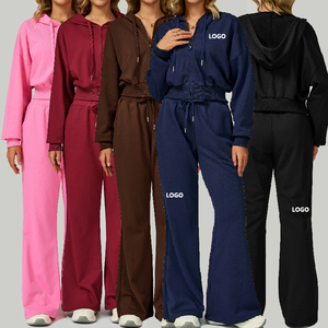 Autumn Winter Women's Gym Fitness 2-Piece Set Zipper Hooded Jacket Flared Pants Solid Pattern Logo Waist Casual Vetements Femme
