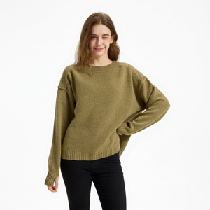 Suéter de Punto Plano Verde Oliva para Mujer, Cuello Redondo, Manga Larga, Informal, para Invierno, 100% Cachemira Pura, Grueso, Antipilling - Product Image 1