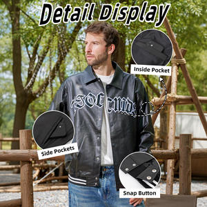 Blousons d'hiver unisexes personnalisés OEM, style streetwear, broderie, polyester/coton, col montant, logo frontal, boutons, veste de motard - Product Image 4