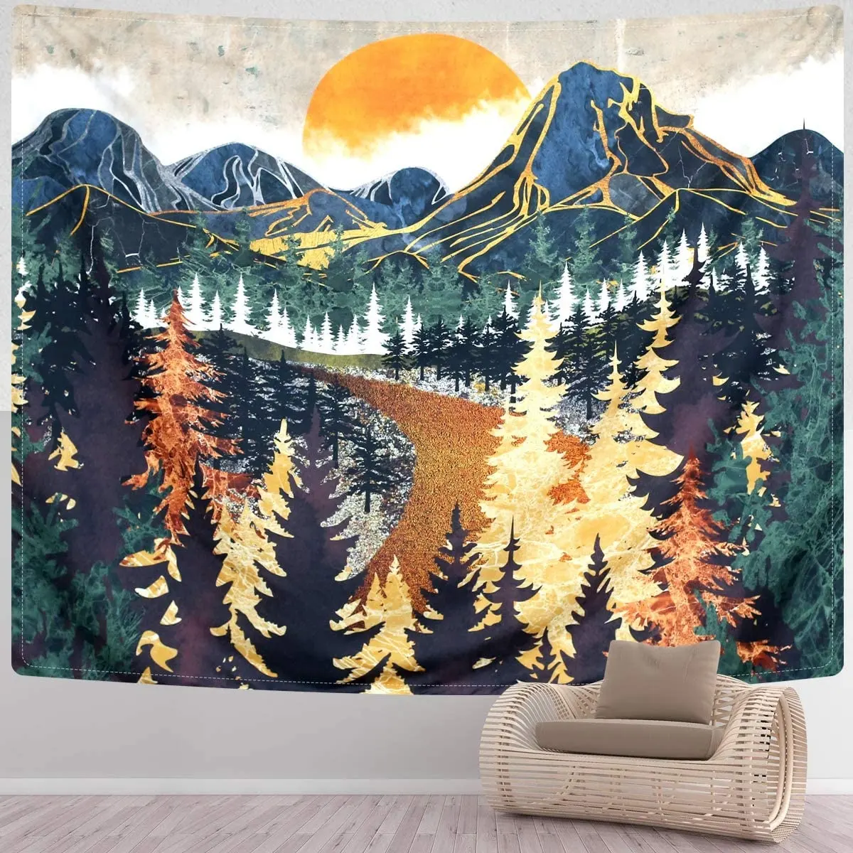 Amazon Hot Sale Home Decor Mountain and Sunset Nature Landscape Tapestry Wall Hanging Forest Trees Tapestry Wave Art Tapestry