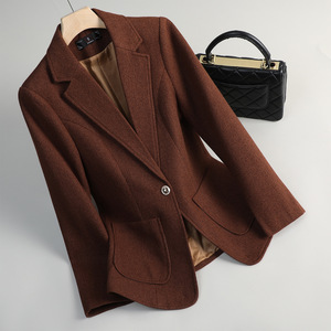 Women's Woolen Blazer Coffee Color Solid Pocket Autumn Winter Casual Suit Jacket S Size - Product Image 1