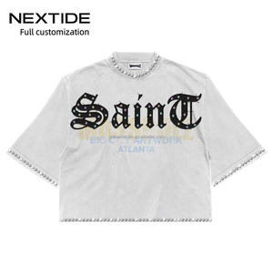 Nextide 100% Cotton Washed Boxy Fit <strong>T</strong>-<strong>Shirt</strong> <strong>Rhinestone</strong> Embroidery Heavyweight Tee Streetwear <strong>Custom</strong> Men's Streetwear <strong>T</strong> <strong>Shirt</strong> - Product Image 1