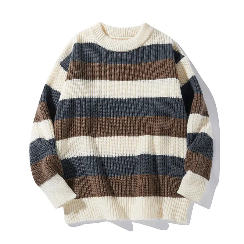 Autumn and winter thickened jacquard sweater Japanese retro contrast color patchwork sweater men's pullover sweater