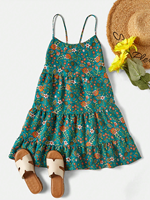 Robe d'été décontractée pour filles, imprimé floral turquoise, bretelles spaghetti, volants superposés, style swing, pour les vacances