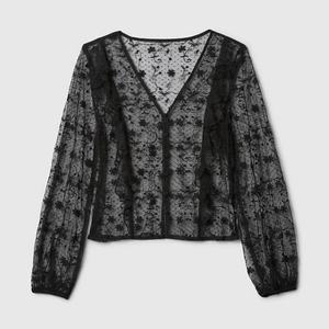 2025 New Wholesale <b>Black</b> Long Sleeve <b>Crochet</b> Slim Fit Elegant Western Women Sheer Mesh <b>Tops</b> - Product Image 4