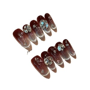 [Paris Dream] Uñas Postizas Removibles con Diseño de Ojo de Gato Francés, Color Café Moca, con Diamantes Cuadrados, para Otoño e Invierno - Product Image 2