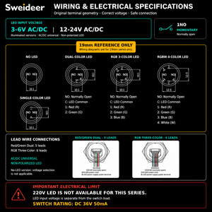 Sweideer <span class=keywords><strong>Interruttore</strong></span> a Pulsante in Metallo Ultra Corto da 12mm 16mm 19mm <span class=keywords><strong>con</strong></span> <span class=keywords><strong>Luce</strong></span> LED, Impermeabile IP65, Contatto 1NO e Cavi Preinstallati - Product Image 6