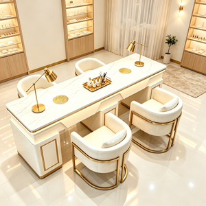 Ensemble de table à ongles avec plateau en marbre, double poste de manucure avec éclairage LED, poste de travail moderne pour salon de beauté avec chaises à ongles assorties - Product Image 1