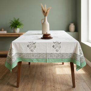 Nappe de luxe faite à la main en coton et lin, imprimée à la main avec motifs floraux, personnalisable, durable, écologique, avec bordure blanche et verte, style pastoral - Product Image 2