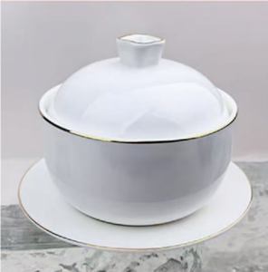 Vaisselle haut de gamme pour hôtel, casserole en porcelaine fine avec couvercle, bord doré, bol à soupe en céramique avec soucoupe - Product Image 5