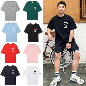 Camiseta Informal Holgada Unisex de Manga Corta con Bordado de Corazón Grande de Algodón Transpirable de Verano AMI CLAMS - Product Image 1