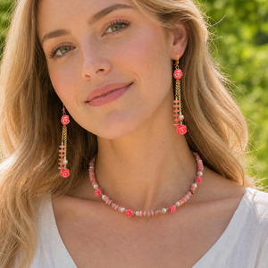 Conjunto de Joyería de Moda Primavera-Verano, Collares con Cuentas de Rosa, Chapados en Oro de 14K, Duraderos, Hechos a Mano, Aretes de Flores Coloridas para Fiesta - Product Image 1