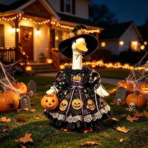 Déguisement d'oie de porche d'Halloween noir et or imprimé citrouille avec chapeau de sorcière, statue d'oie pour jardin extérieur, décoration de vacances - Product Image 1