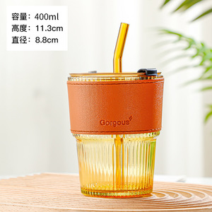 400ml tazza di vetro per <span class=keywords><strong>caffè</strong></span> in vetro manicotto in pelle cuscia tazza di vetro con coperchio e paglia di vetro bottiglia di acqua potabile - Product Image 6