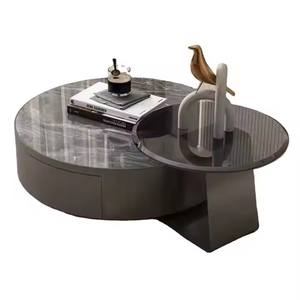 Italian Luxury Modern Rock Plate Round Coffee <strong>Table</strong> Minimalist Stainless Steel Titanium <strong>Grey</strong> Tempered Glass <strong>Coffe</strong> Side <strong>Tables</strong> - Product Image 1
