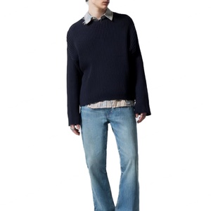 Pull en coton côtelé à manches longues pour homme, coupe ample, avec logo personnalisé et poignets vieillis, collection printemps, vente en gros - Product Image 3