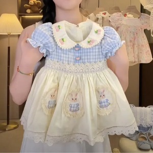 Tongxingyuan Girls Summer Sweet Dress Grid Cartoon Lace Trim Cotton Princess Style One Size Fits All - Product Image 3