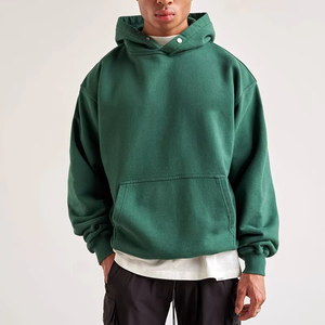 Custom Dark <strong>Green</strong> 100 Cotton 320gsm Fleece Hoody Sweatshirt Boxy Fit <strong>Hoodies</strong> No String Hoodie With Pocket for <strong>Men</strong> - Product Image 2