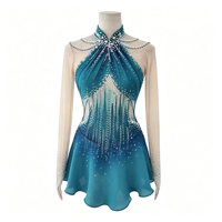 Robe de patinage artistique bleu turquoise dégradé à col halter, ornée de strass et de mailles, à manches longues, pour la compétition et les spectacles des adultes et des enfants