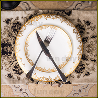 Assiette à dîner en céramique à bord doré de luxe, vente en gros, service de vaisselle en porcelaine osseuse, autres fournitures pour hôtels et restaurants