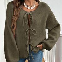 Strickjacke mit Rundhalsausschnitt und Schnürung, schlichter, lässiger Pullover für Damen, einfarbig, für den Herbst