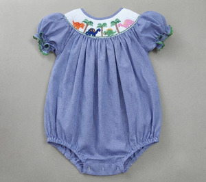Vestido de niña pequeña con estampado de dinosaurios, azul a cuadros, bordado, manga corta, para fiesta de verano, estilo vintage - Product Image 5
