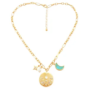 Fashion jewelry Customized alloy gold plating link chain Diamond Crystal moon star pearl pendant Necklace for women