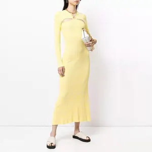 Knitwear manufacturers designed yellow long sleeved knitted luxury women's elastic sweater dresses