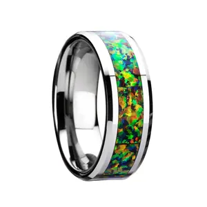 Wholesale 8mm Fine jewelry 8mm IP Black plated crushed green opal tungsten ring tungsten Opal Wedding Bands