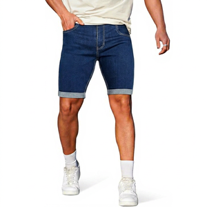 Shorts en jean délavé foncé pour homme, taille mi-haute, coupe droite, décontracté, été, mélange coton élasthanne respirant avec poches - Product Image 1