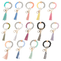 Personalisierter Anhänger Bunter PU-Leder Quasten Holzperlen Schlüsselanhänger Silikon Perlenarmband Elastisches Armband