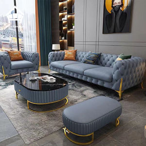 Set di Divani in Vera Pelle e Velluto di Lusso per Soggiorno, Design Chesterfield con Piedini Dorati - Product Image 2