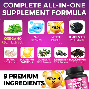 OEM Orégano, Alho, Folha de Oliveira, Semente Negra + 5 Outros Ingredientes, 100 Cápsulas, Suplemento de Óleo de Semente Negra e Sabugueiro - Product Image 3