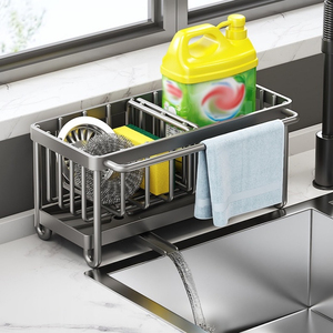 Organisateur d'évier de cuisine avec porte-brosse et <span class=keywords><strong>bac</strong></span> d'égouttement - Porte-éponge en acier au carbone avec barre porte-serviette <span class=keywords><strong>noir</strong></span> - Product Image 6