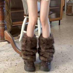 Buzlu Tek Renk El Yapımı Çorap Kılıfları Sonbahar Kış Kahverengi Retro Suni Kürk Bacak Isıtıcıları Y2K Millennial Hot Girl Baldır Isıtıcıları - Product Image 4