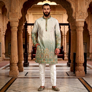 Kurta de Seda Bordada para Hombre, Sin Arrugas, para Todas las Temporadas, Blanca, Churidar, Atuendo Tradicional Indio Pakistaní para Bodas, Largo hasta el Tobillo - Product Image 1